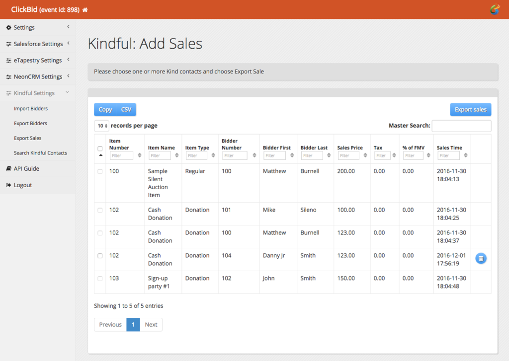 Export ClickBid Sales to Kindful