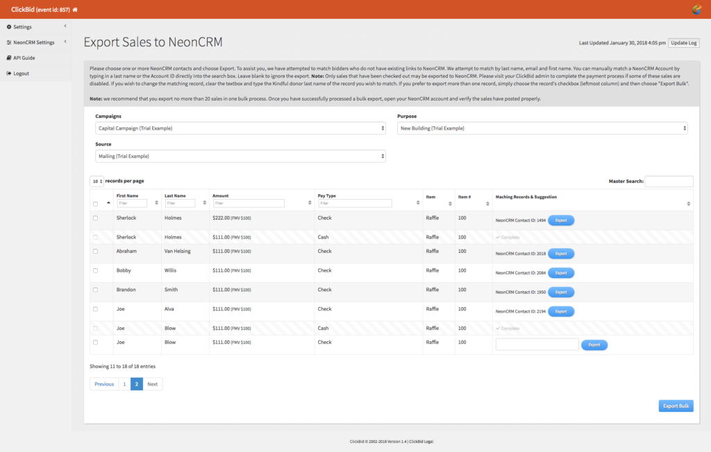 NeonCRM Export Sales